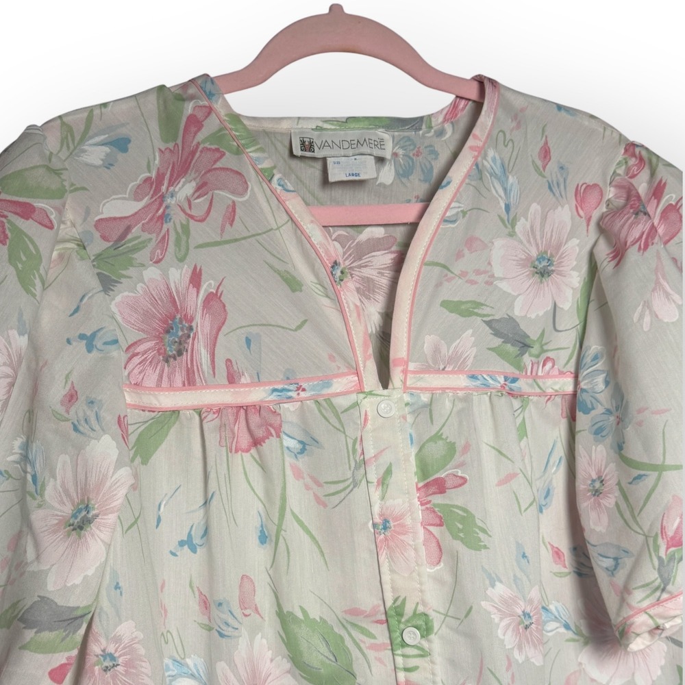 Vtg Vandemere Floral Snap Front Nightgown Tone Pink Blue Pastel USA L Grandma